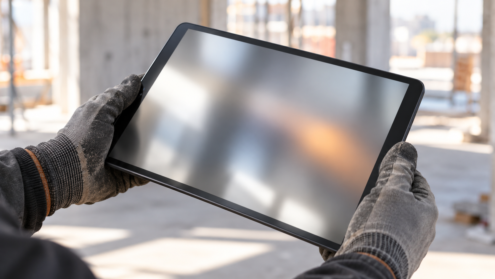 Illustrative close-up of a handheld tablet with a deliberately blurred, reflective screen; the GOYA app interface is concealed