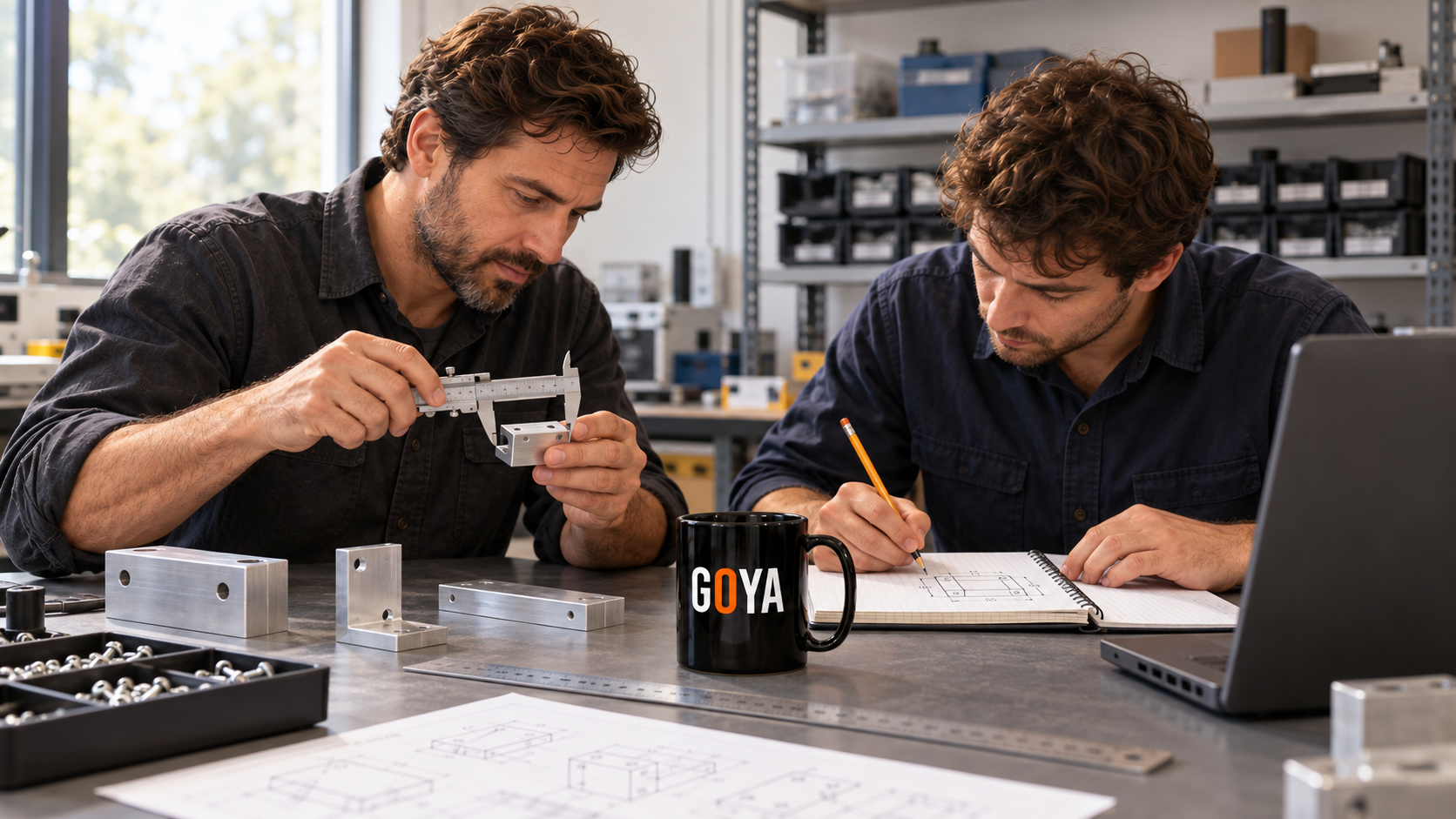 Illustrative engineers measuring a generic metal sample and sketching at a workbench with a GOYA mug; laptop screen hidden
