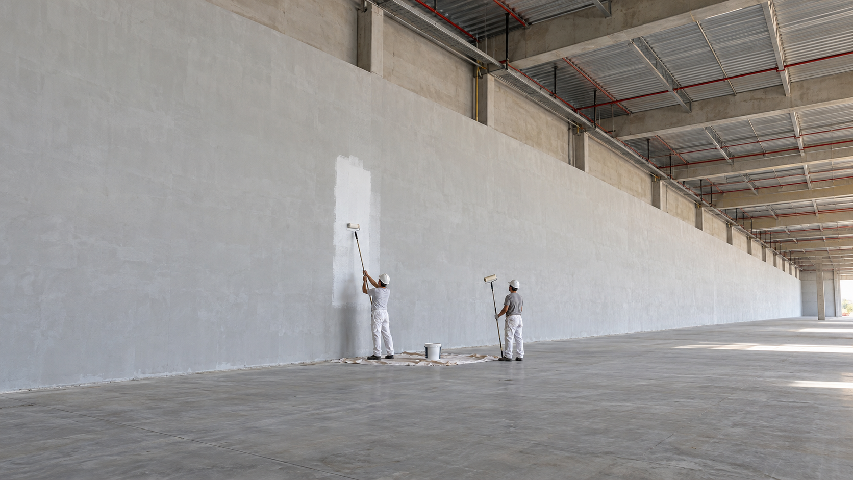 Illustrative scene of two painters in plain workwear using rollers on a very long wall