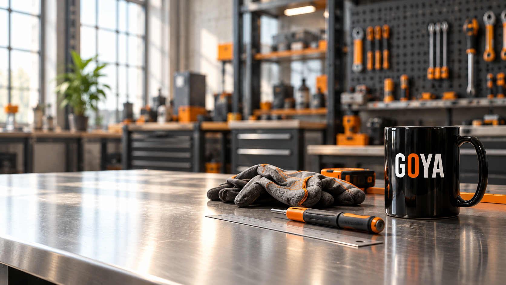 Illustrative workbench with a GOYA mug, gloves and hand tools